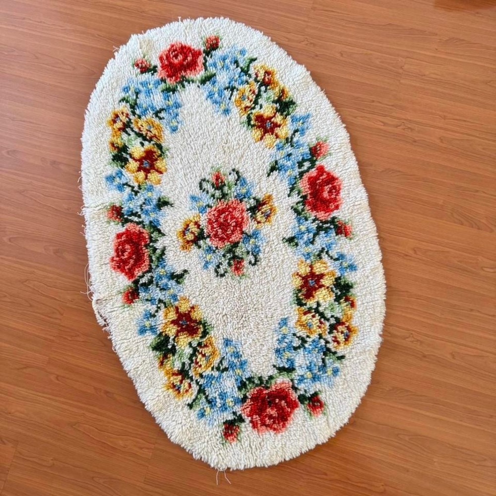 Vintage Latch Hook Rug Red Blue Yellow Floral